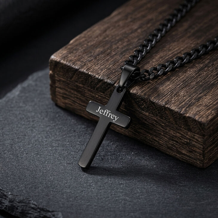 Engraved silver cross pendant showcased on a wooden table