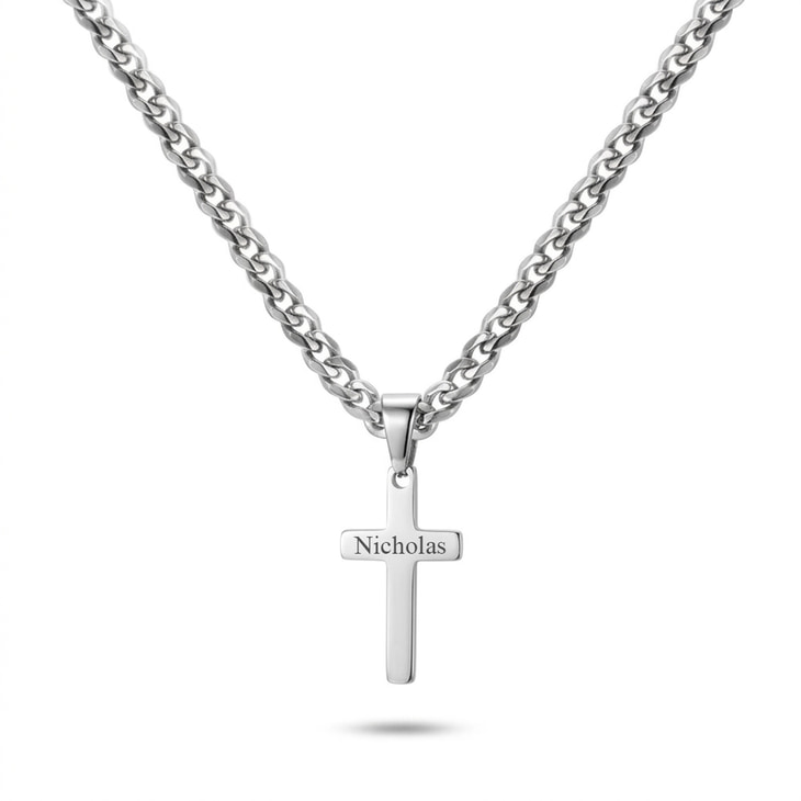 Curb Chain Cross Necklace with Custom Name