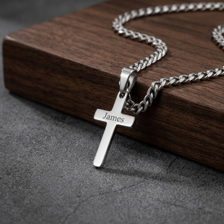 The silver Custom Cross Necklace resting on a wooden block, showing its detail.