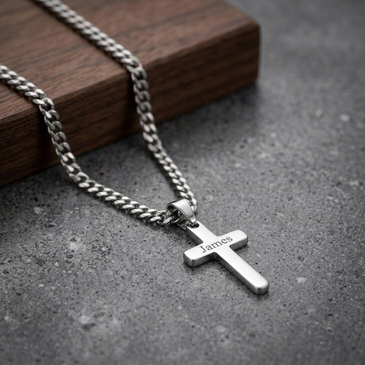 Silver Custom Cross Necklace hanging from a wooden surface showcasing its detail