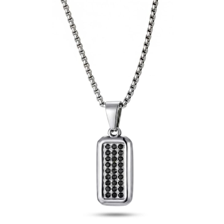 Men's Black Zircon Tag Necklace with a modern rectangular pendant featuring black zirconia set in silver