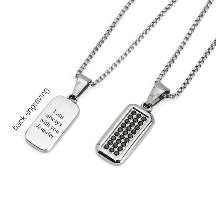 Men's Black Zircon Tag Necklace highlighting back detail with engraved words on pendant