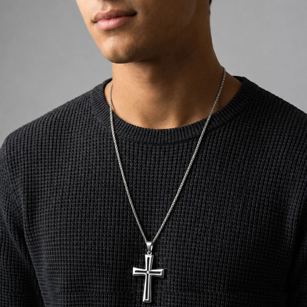 Individual sporting Men's Black Inlay Cross Necklace with stylish cross detail