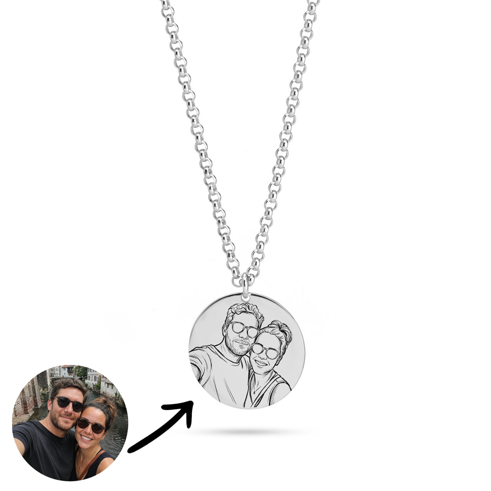 Personalized Photo Disc Necklace - Sketch Style - Sterling Silver