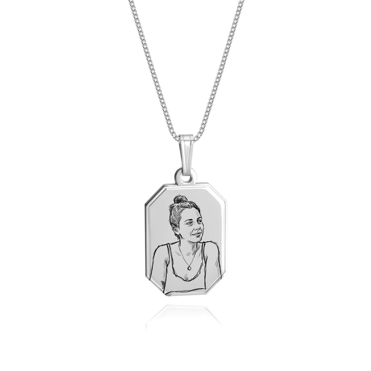 Silver Personalized Photo Sketch Tag Necklace displaying an elegant portrait sketch