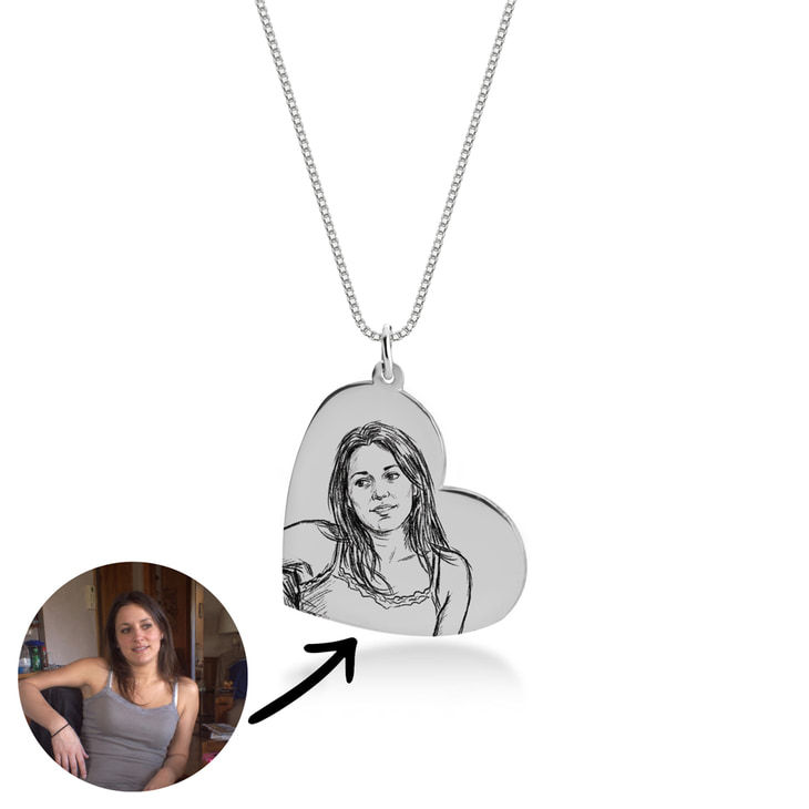Personalised Tilted Heart Photo Necklace - Sketch Style