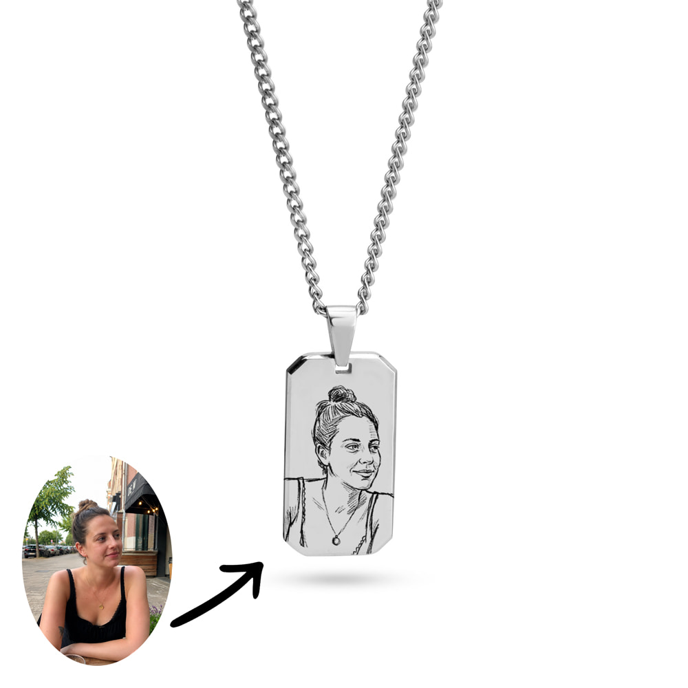 Custom Photo Engraved Tag Necklace Sketch Style