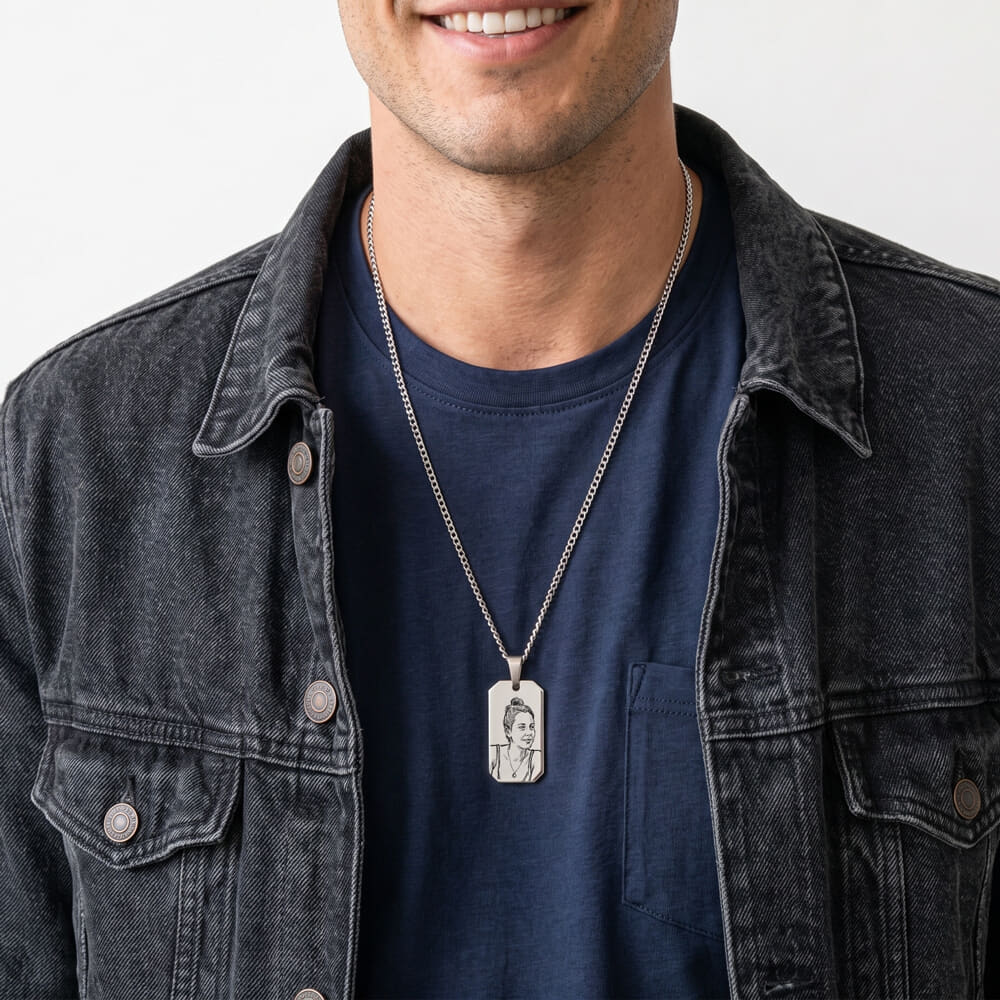 Model highlighting Custom Photo Engraved Tag Necklace with a unique sketch design on a dog tag.