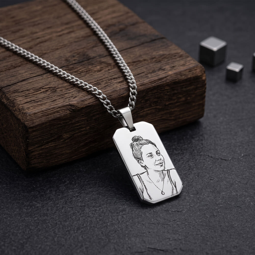 Individual highlighting Custom Photo Engraved Tag Necklace with a hand-drawn sketch on a dog tag.