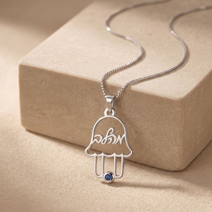 Hamsa necklace in silver with Hebrew design and blue birthstone accent
