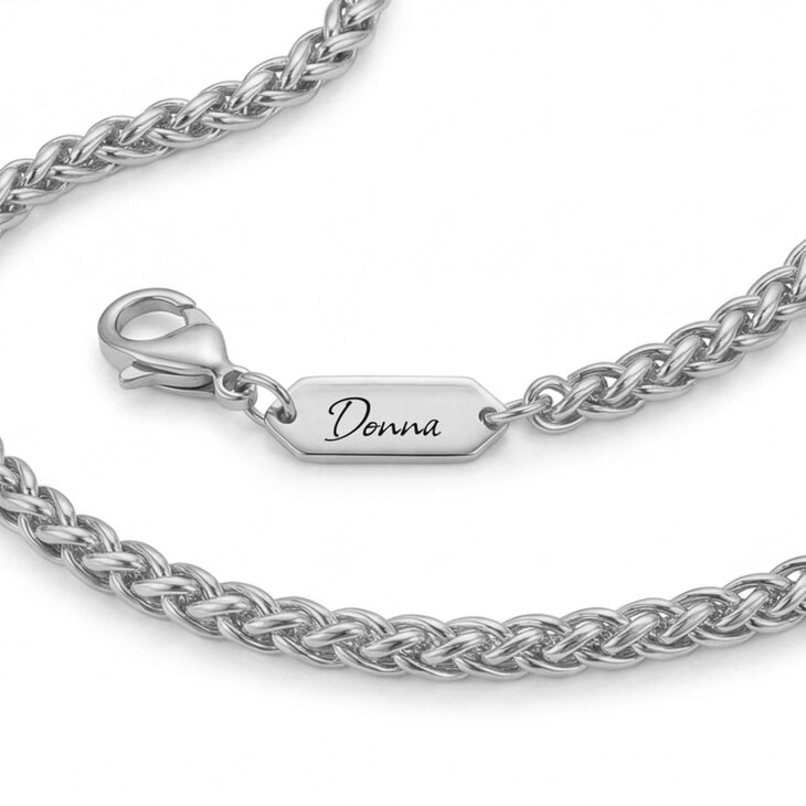 Men’s Personalized Engraved Nameplate Wheat Chain Necklace in silver highlighting the engraved name