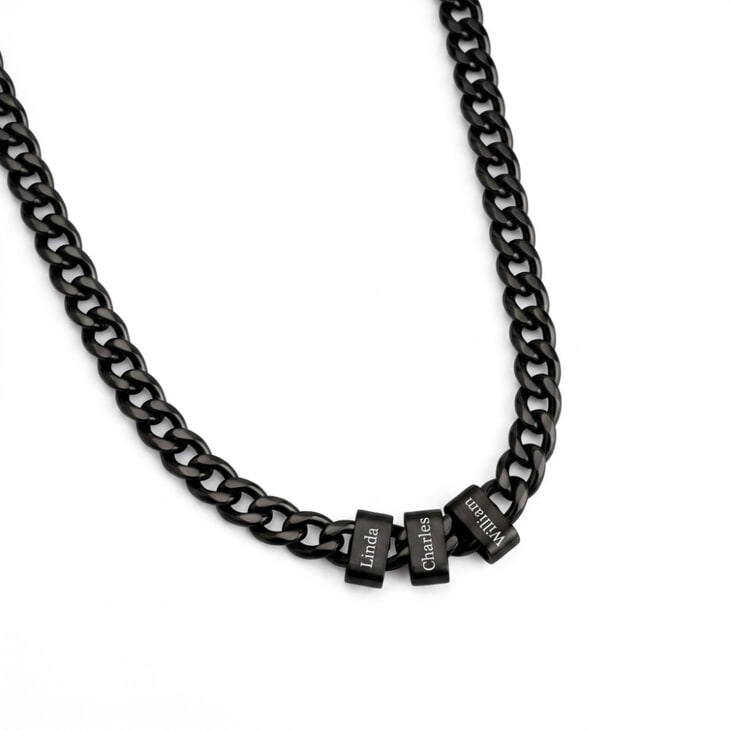 Personalized black dad necklace showcasing engraved names in stainless steel