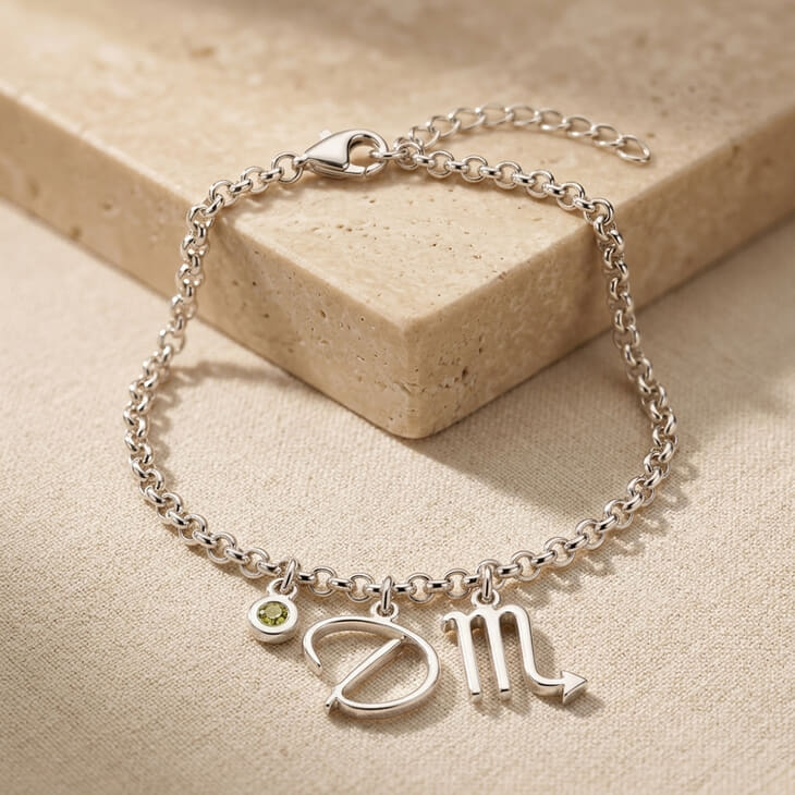 Elegant bracelet with zodiac initial and eye-catching birthstone charm highlighted