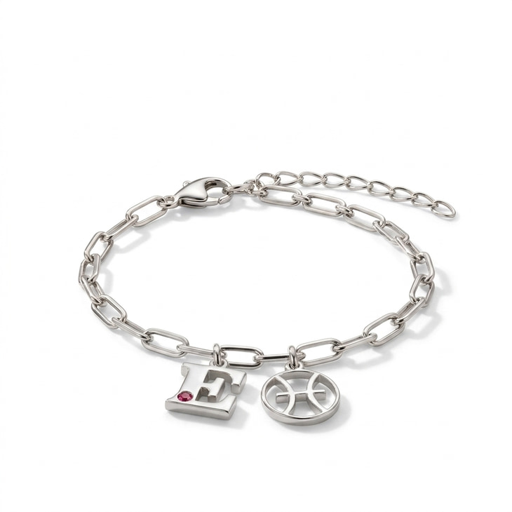 Silver Zodiac and Initial Bracelet with pink birthstone accent