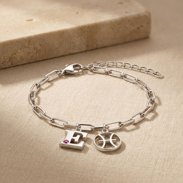 Silver Zodiac and Initial Bracelet showcasing a trendy paperclip style