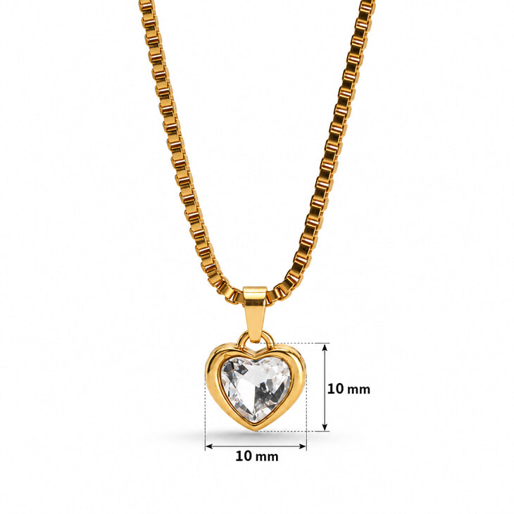 Heart pendant necklace featuring a shimmering clear gem and size detail of 10mm