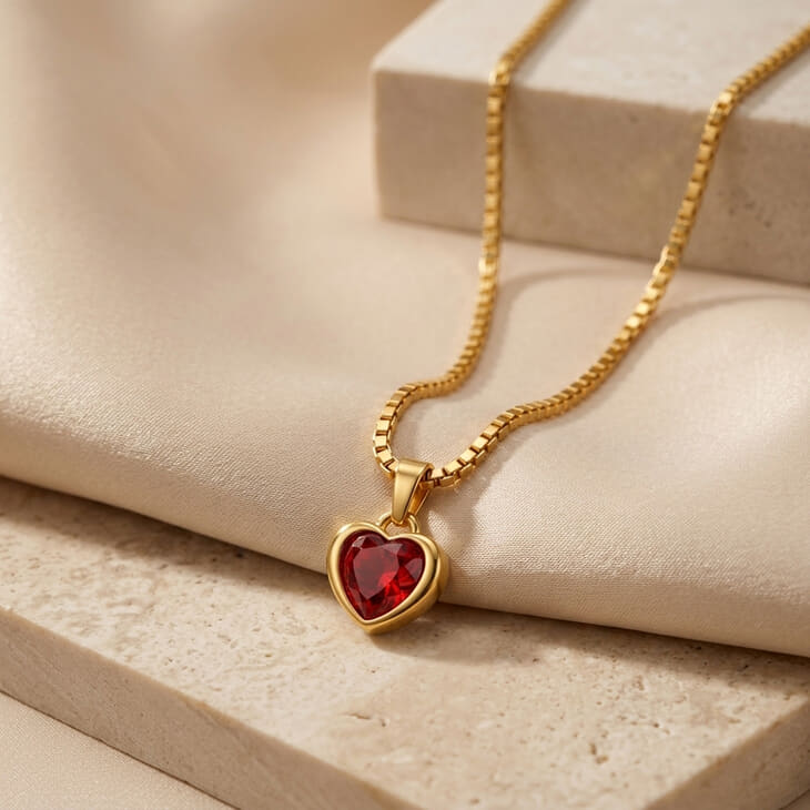 Heart pendant necklace with a bold red gemstone set on a luxurious fabric