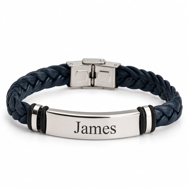 Personalized Men's Navy Blue Braided Leather Bracelet with Engraved Name