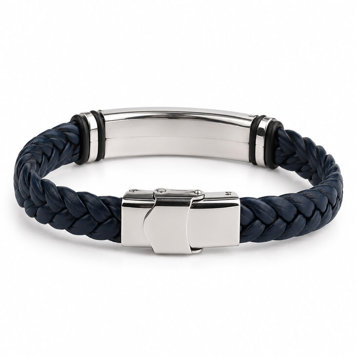 Navy blue leather bracelet with a contemporary silver fastening detail