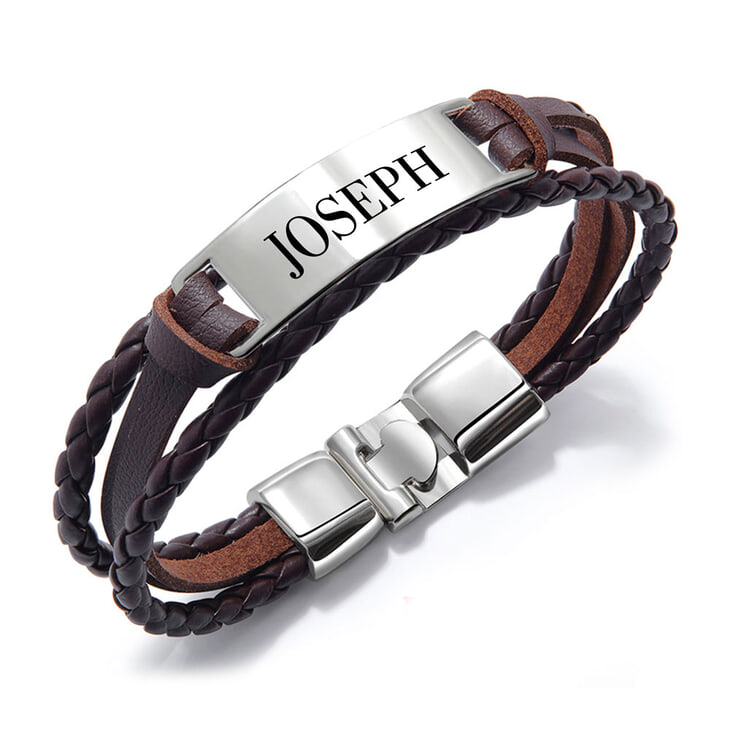 Personalized Men's Brown Leather Bracelet with Silver Plate
