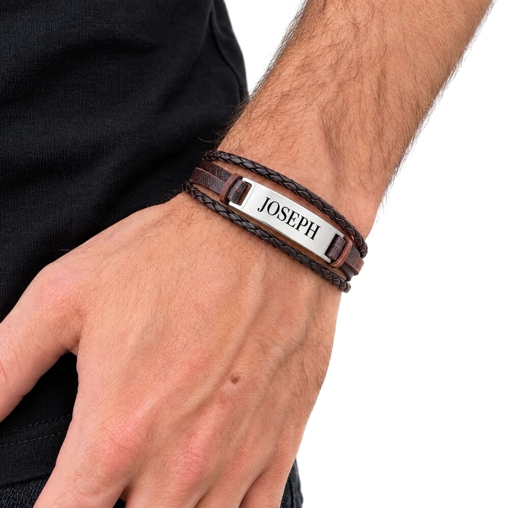 Personalized Men's Brown Leather Bracelet with Silver Plate