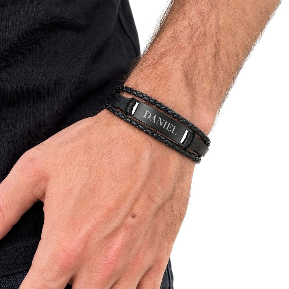 Personalized All Black Men's Leather Bracelet