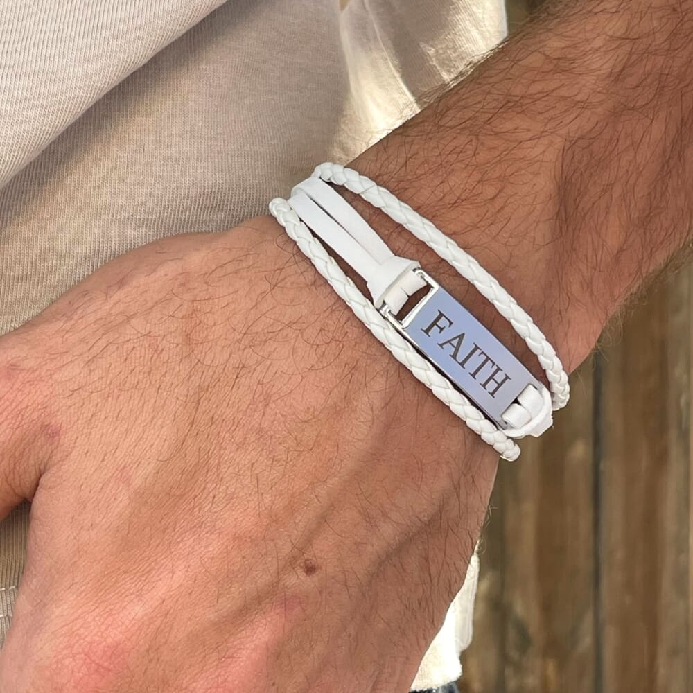 Stylish white leather bracelet worn by a model, perfect for men's jewelry