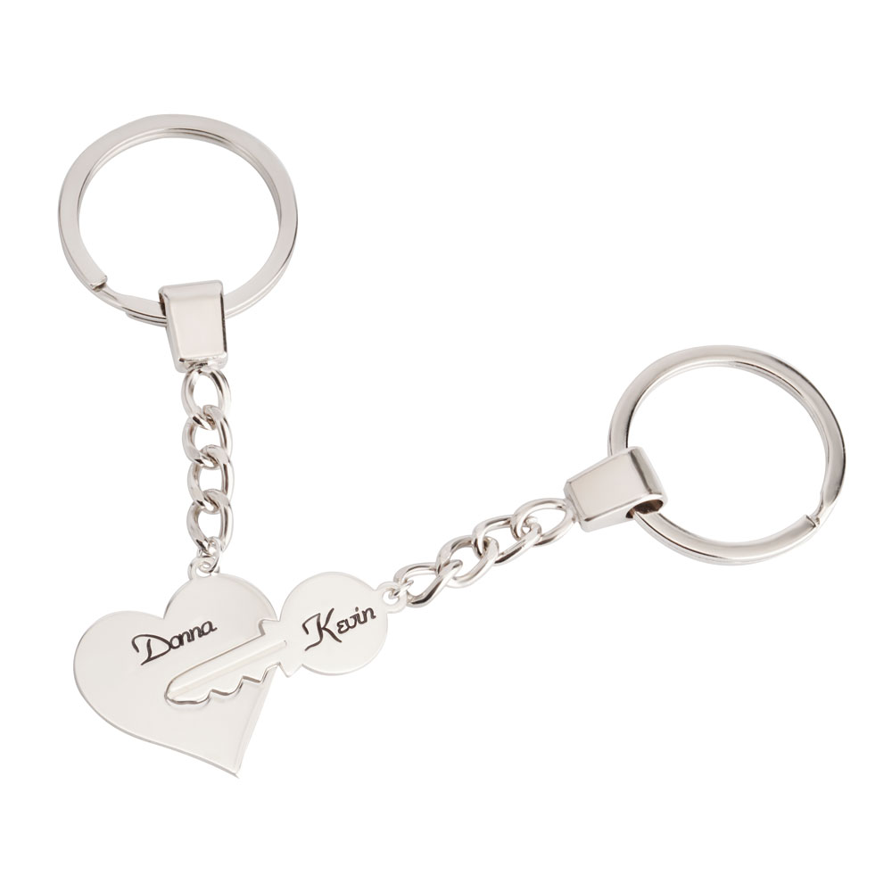 Sterling Silver Key and Heart Couple Keychain Set