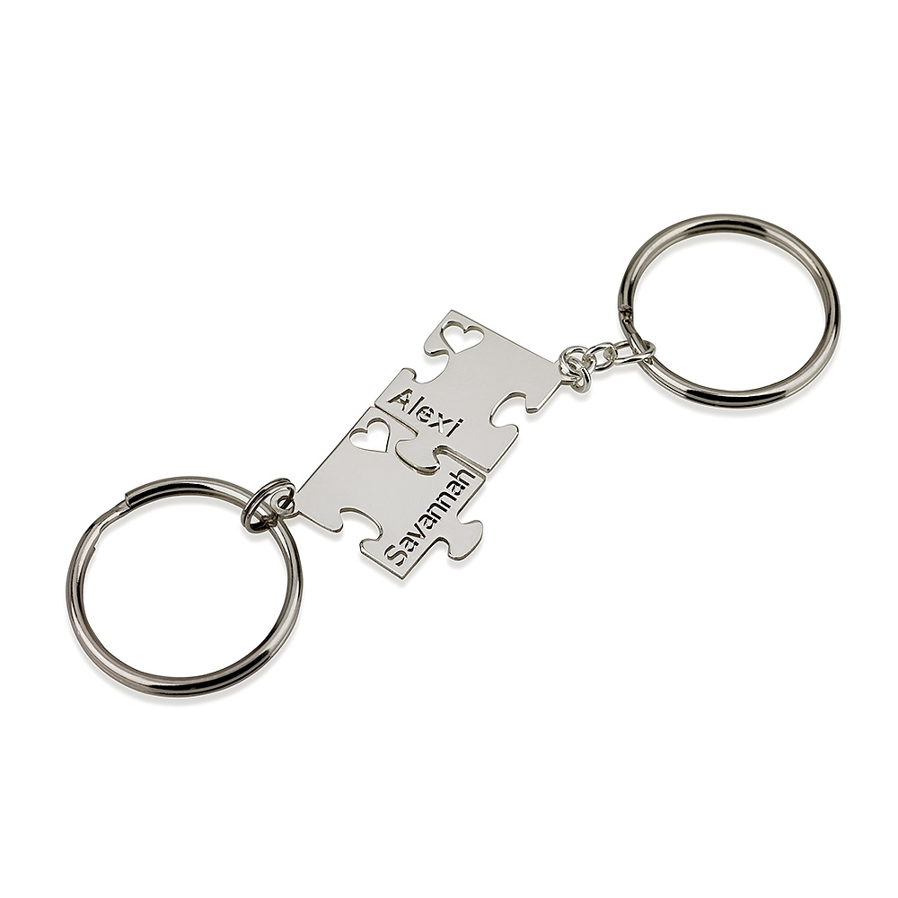 Sterling Silver Engraved Puzzle Piece Keychain Set