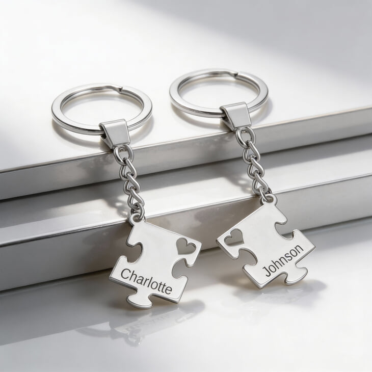Sterling Silver Engraved Puzzle Piece Keychain Set - Picture 2