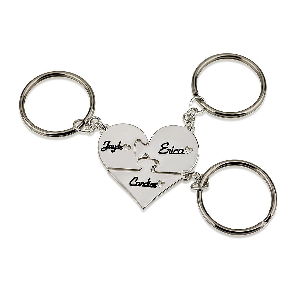 Sterling Silver Engraved Heart Three Piece Puzzle Keychain Set